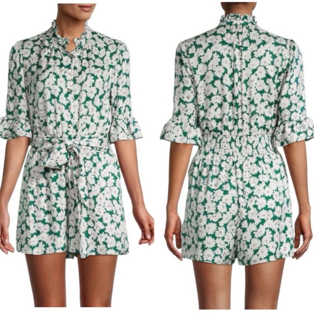 Rebecca Taylor Serene Floral Print SILK Blend Romper Pocket sz 8 Green White EUC